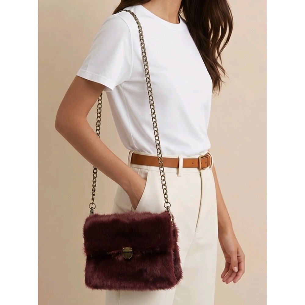 Do Everything In Love Crossbody Faux Fur Dk Red Bag Brass Color Chain Strap NWT